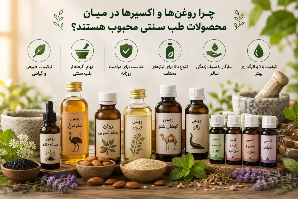 روغنهای گیاهی و اکسیرهای محصولات طب سنتی شهر نوره شامل روغن سیاهدانه، روغن شترمرغ، روغن کنجد، روغن بادام شیرین و اکسیرهای گیاهی