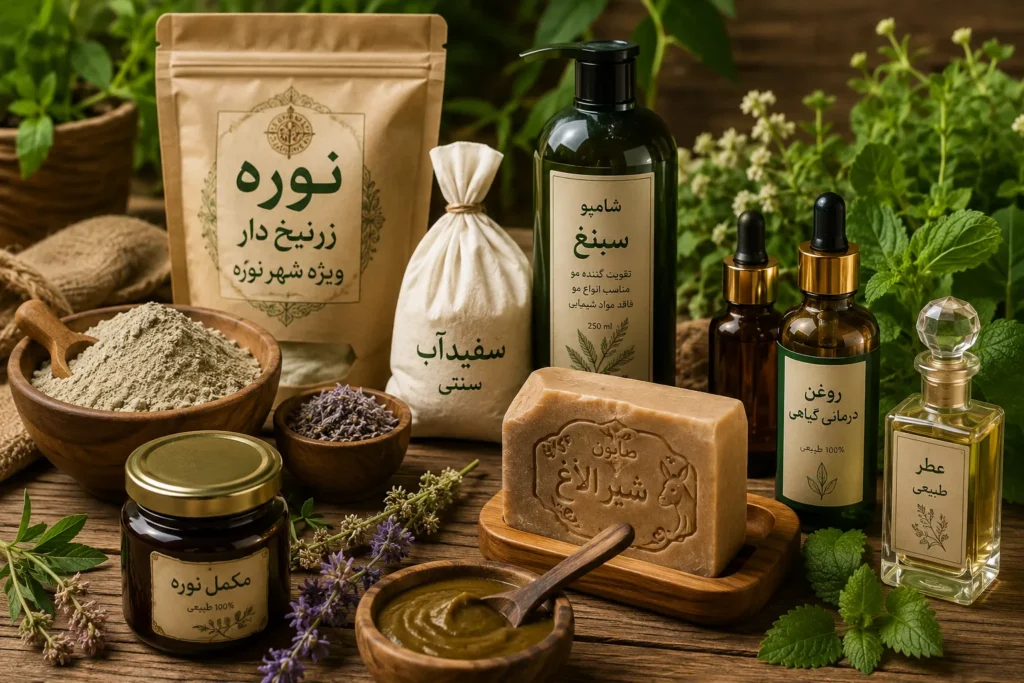 محصولات طب سنتی شهر نوره شامل نوره، روغن‌های گیاهی، اکسیرهای گیاهی، صابون شیر الاغ، شامپو سبغ و محصولات طبیعی