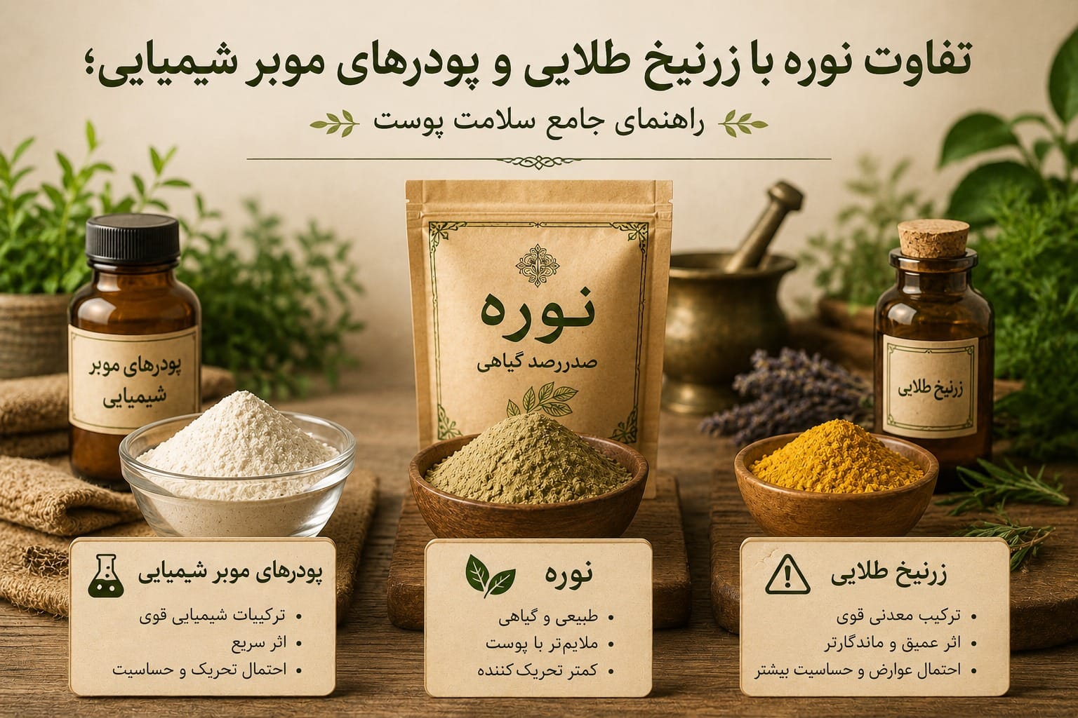 مقایسه نوره، زرنیخ طلایی و پودرهای موبر شیمیایی برای حذف موهای زائد و بررسی تفاوت آنها از نظر سلامت پوست